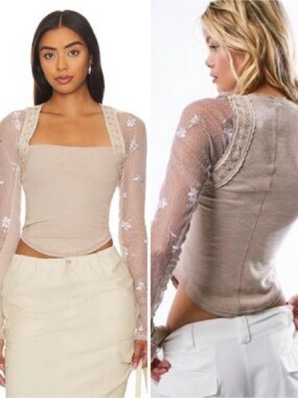 Free People Sheer Lace Sleeve Knit Top - Light Beige